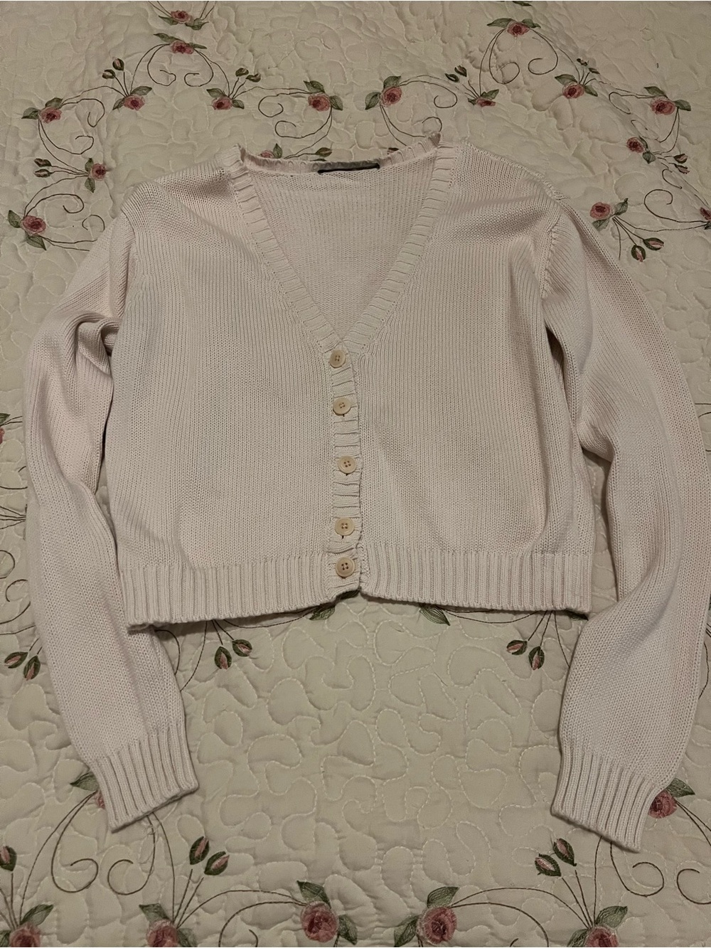 Women's Cream V-Neck Button-Front Knit Cardigan Sweater